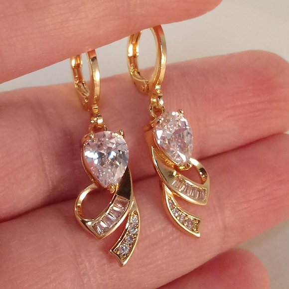 18K Yellow Gold Filled Flower Pear Diamond Zircon Dangle Earrings 1.75ctw ea. - Picture 3 of 4